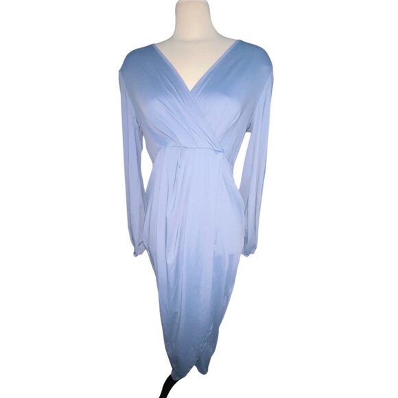 Halara V Neck Long Sleeve Tulip Hem Midi Dress Sz Medium Blue Womens - Picture 11 of 16